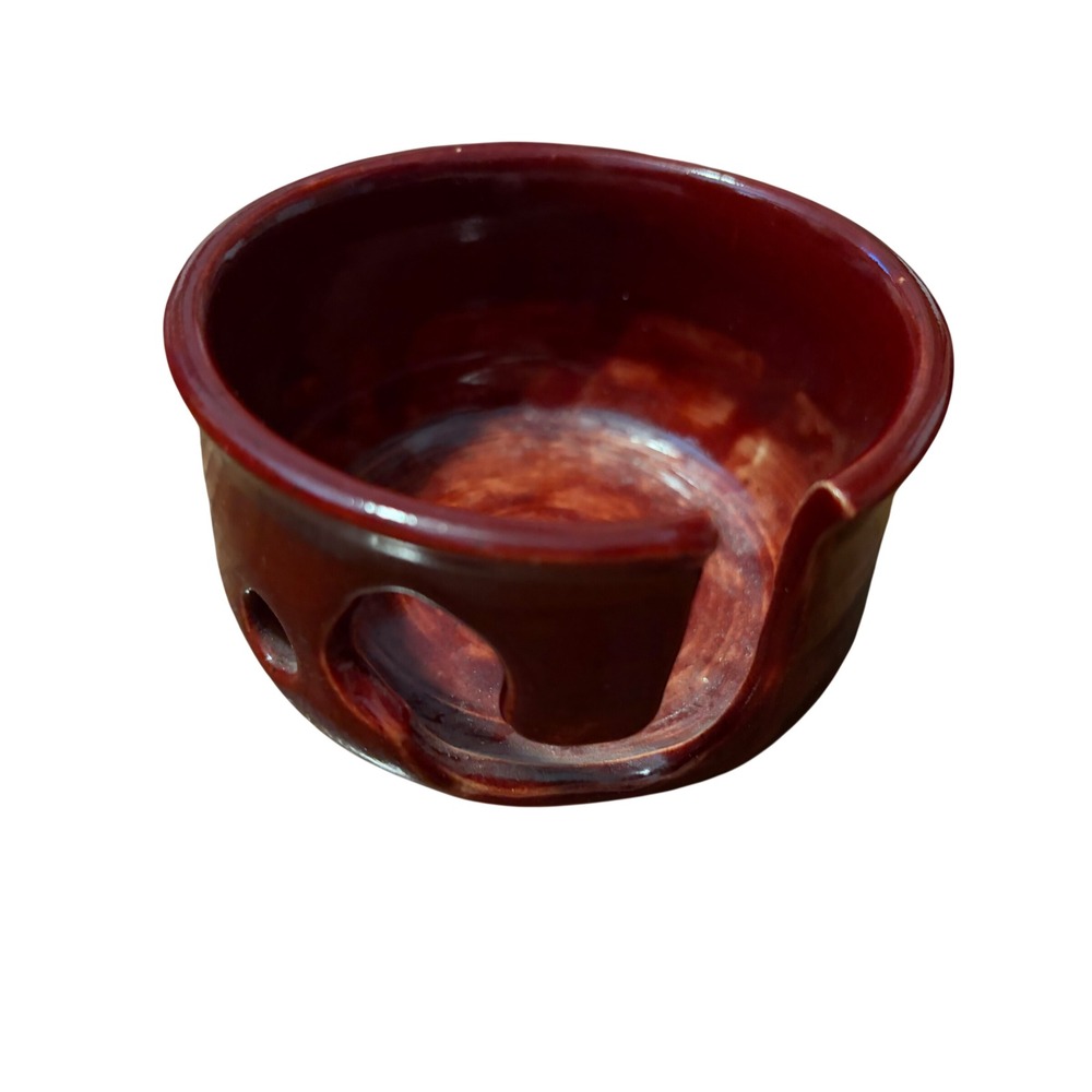 Handmade Ceramic Yarn Bowl Artisan Red Glaze J-Cut Knitting Crochet Accessory